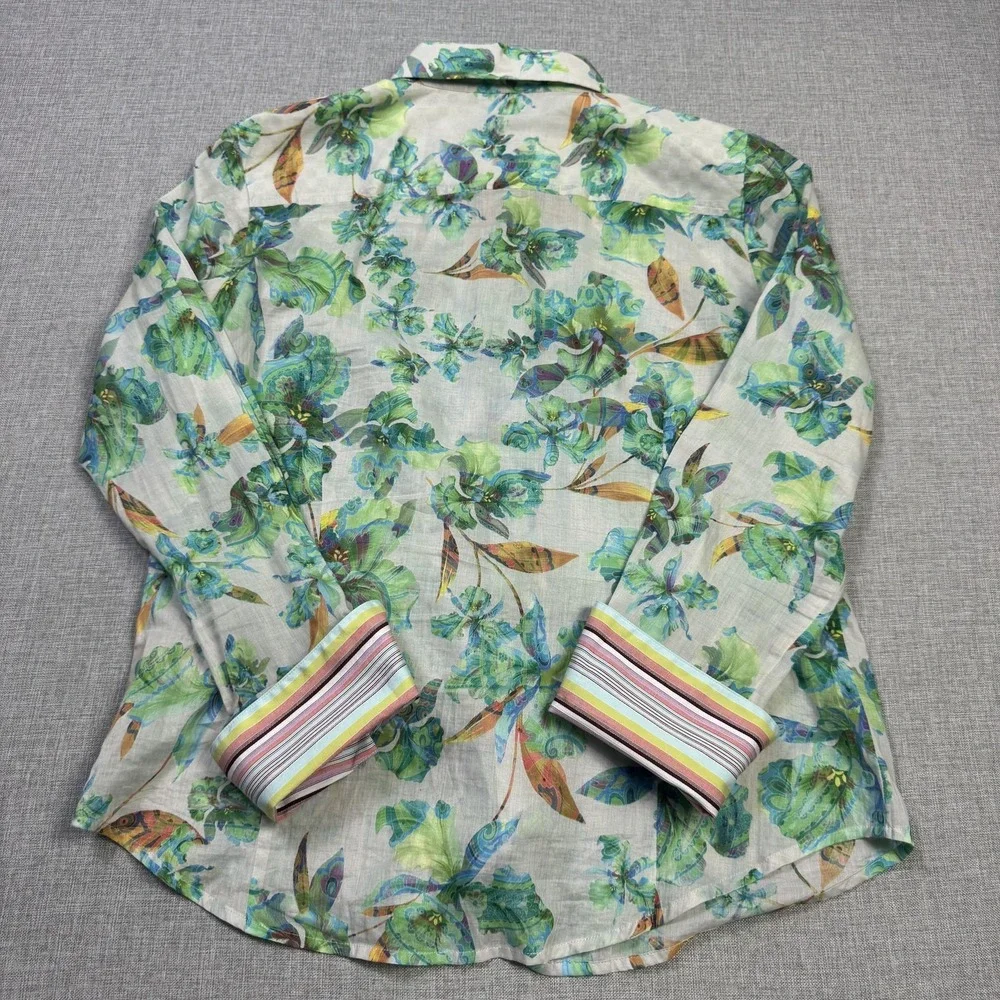 Robert Graham Floral Button-Up Shirt Womens Large Green Flip Cuffs Long Sleeve